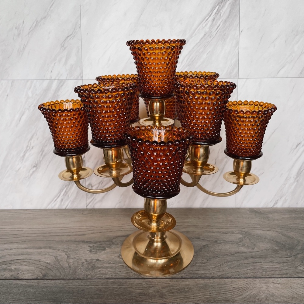 Stunning Vintage Brass Candelabra 9 arm with Amber Glass Votives